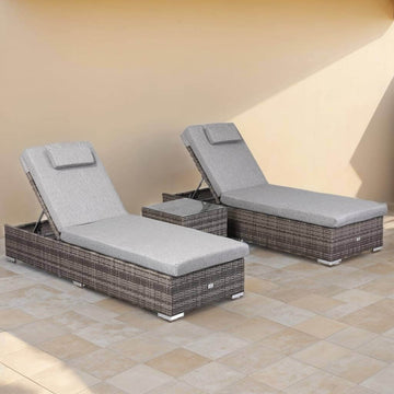 Cambridge Pair Sun Loungers with Side Table in Stone Grey Weave(#416)